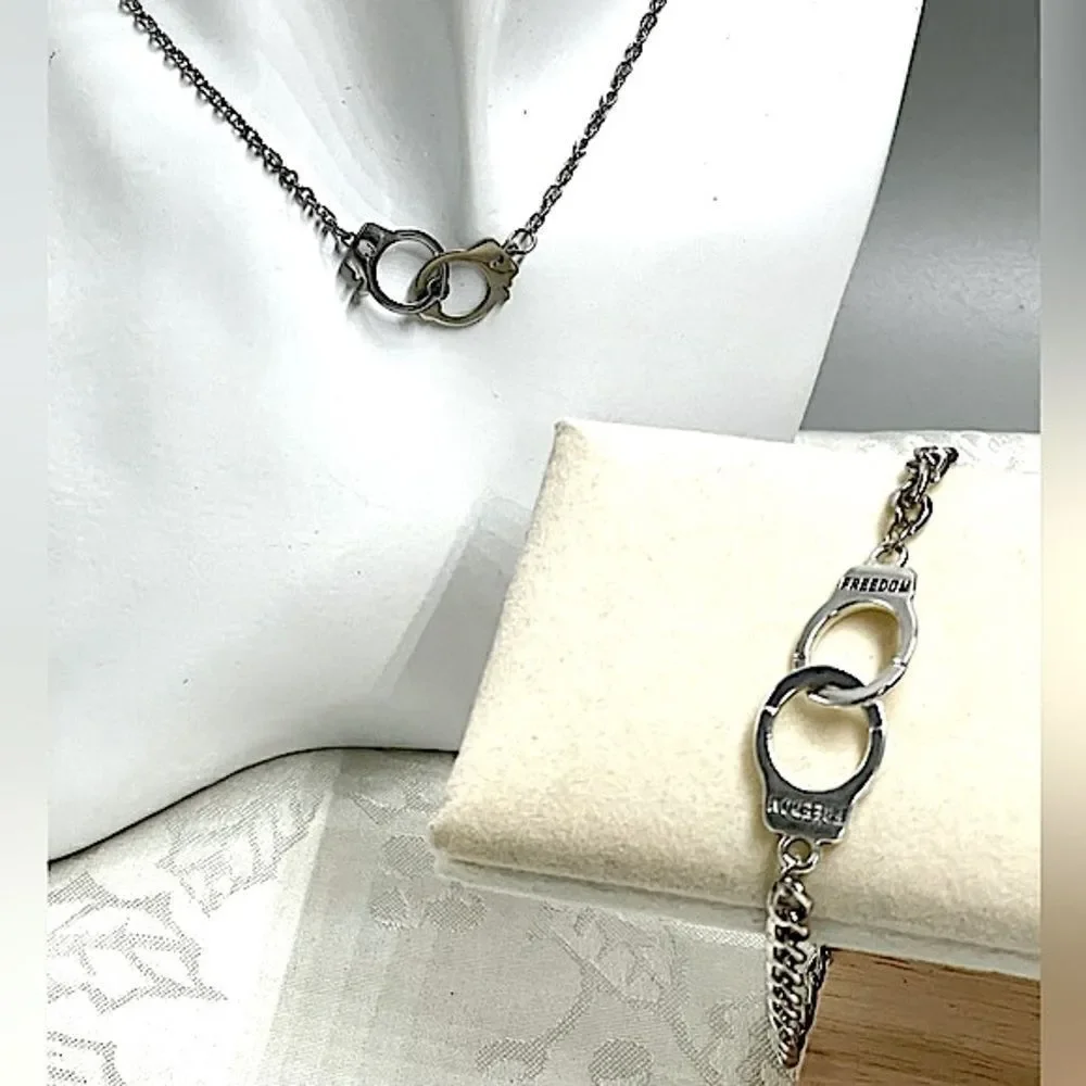 “Freedom” Handcuffs Necklace & Bracelet Custom Set l Stainless Steel l Inscribed